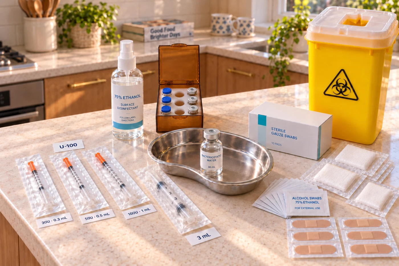 Illustrative kitchen bench with sealed syringes, swabs, adhesive dressings, kidney bowl and sharps container